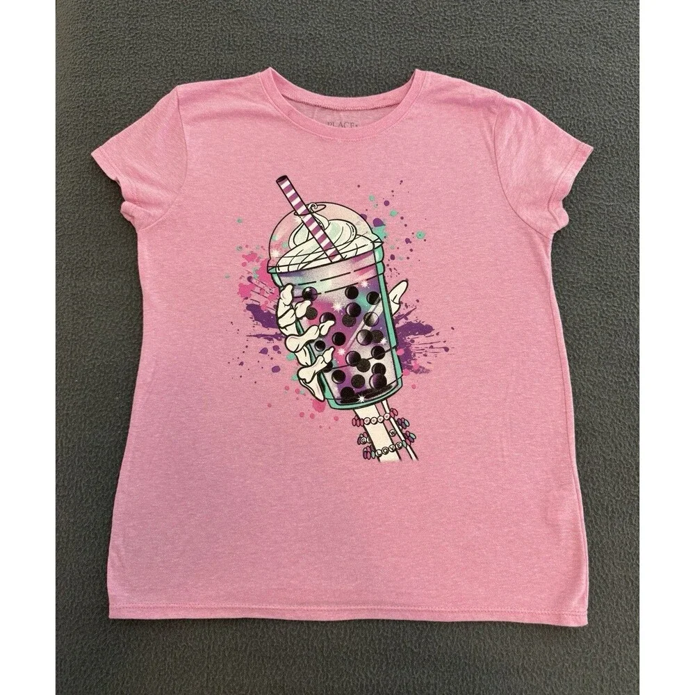 The Children's Place Girls 7-8 Pink Bubble Tea Graphic Knit Crew Neck Tee